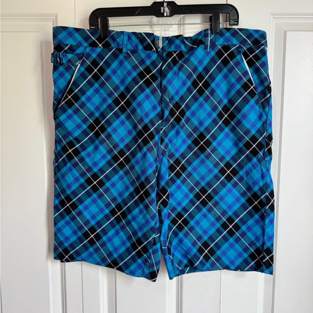 Royal & Awesome Shorts Mens 44 Blue Black Plaid Tartan Golf Flat Front Stretch